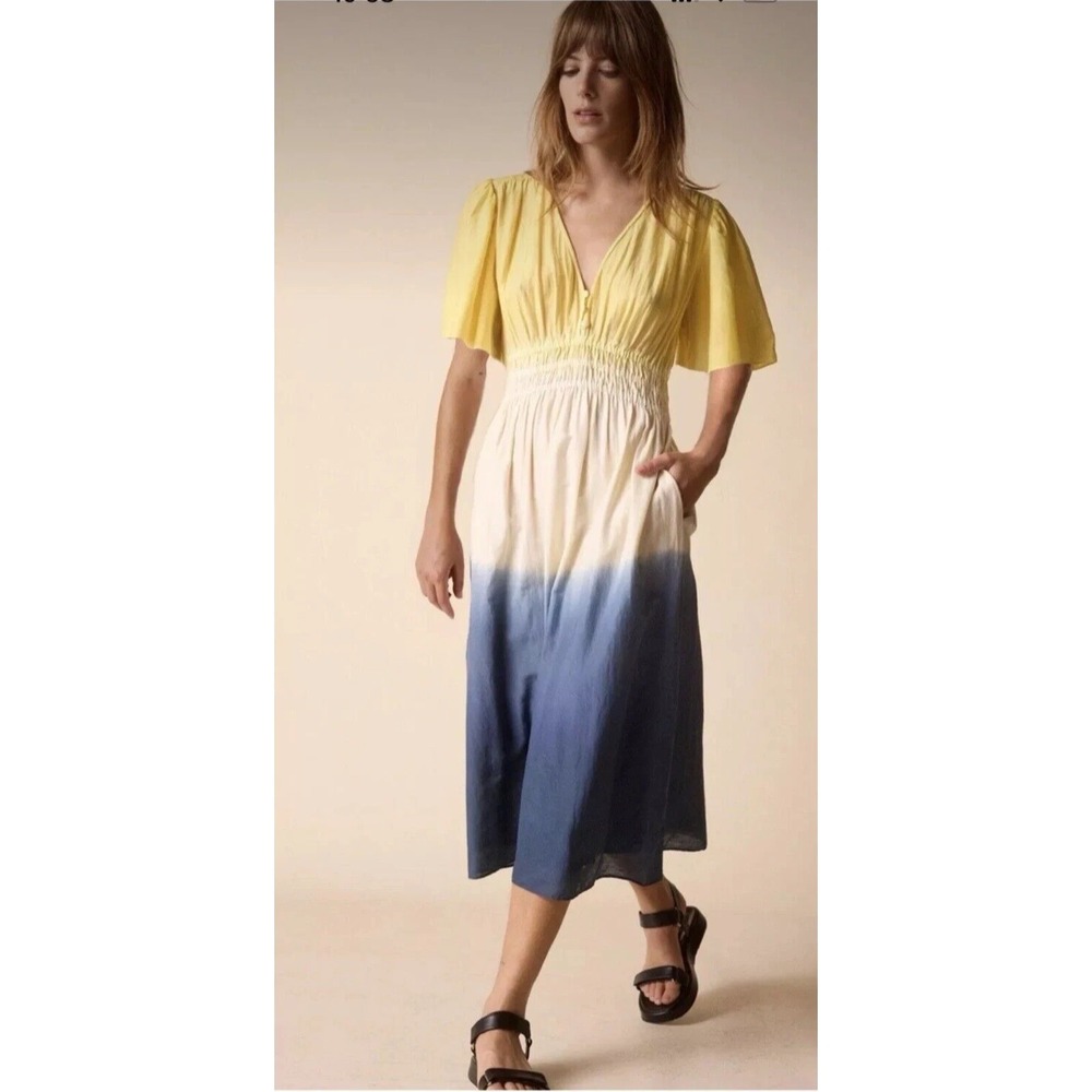 NEW St. Roche Monarch Dress Cotton Silk‎ Blend Midi Flutter Sleeve Women Ombre 6